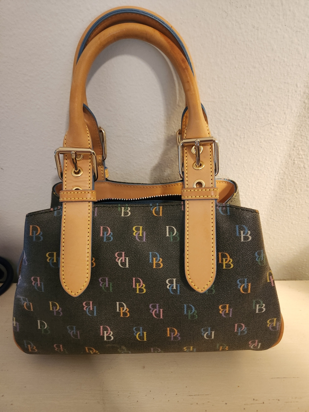 Dooney And Burke  Multicolor Logo Print Satchel Bag with Tan Handles And Rainbow